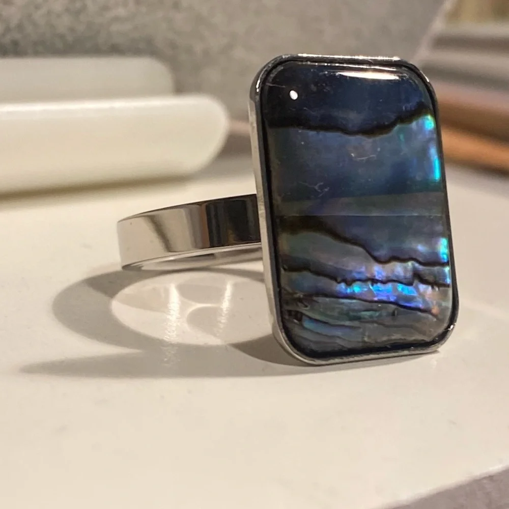 NEW Oversized Abalone Statement Ring Silver Boho Iridescent Shell Jewelry GIFT